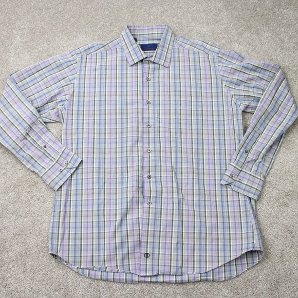 David Donahue Shirt Mens XL Gray/Blue/Purple 100% Cotton Long Sleeve Button Up - Picture 2 of 12